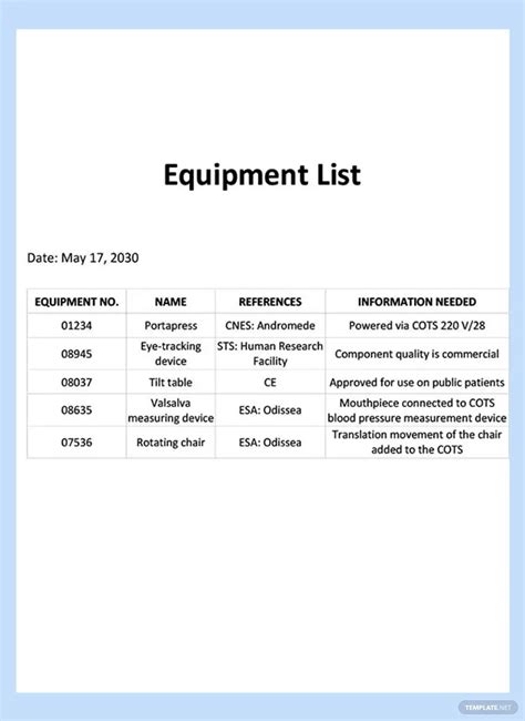 Equipment List .